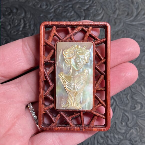 Medusa Bust Mother of Pearl and Wood Pendant Cabochon Mini Art - Picture 5 of 7